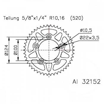 Alu-Kettenrad 44Z Teilung 520 silber Esjot Innendurchmesser 100 Lochkreis 124