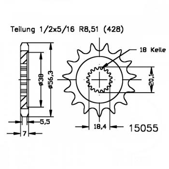 Ritzel Esjot 50-15055-13 Teilung 428 feinverzahnt Innendurchmesser 18.4/20.1