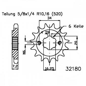Ritzel 13Z Teilung 520 grobverzahnt 6 Innendurchmesser 16.2/20