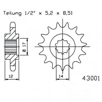 Ritzel 14Z Teilung 420 feinverzahnt Innendurchmesser 14/16.5