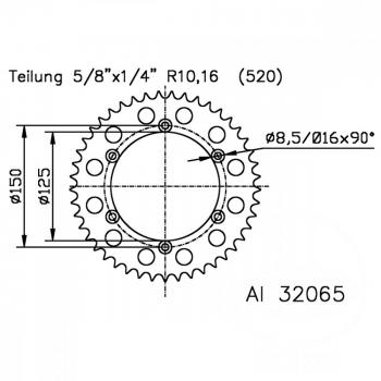 Alu-Kettenrad 39Z Teilung 520 silber Esjot Innendurchmesser 125 Lochkreis 150