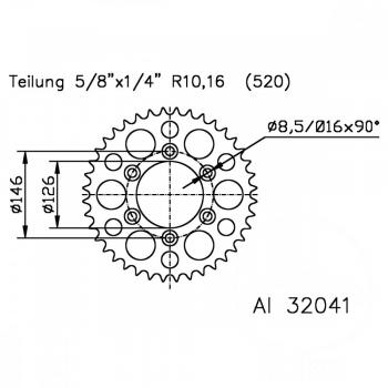 Alu-Kettenrad 40Z Teilung 520 silber Esjot Innendurchmesser 126 Lochkreis 146