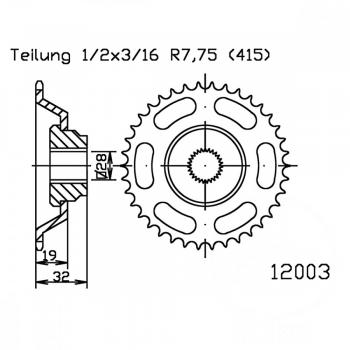 Kettenrad 43Z Teilung 415 schwarz Innendurchmesser 28