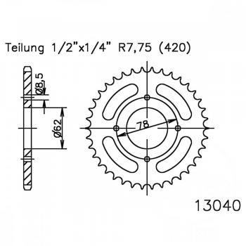 Kettenrad 37Z Teilung 420 schwarz Innendurchmesser 062 Lochkreis 078