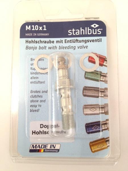 Stahlbus Doppelhohlschraube mit Entlüftungsventil M10x1.0x29mm, Alu eloxiert natur