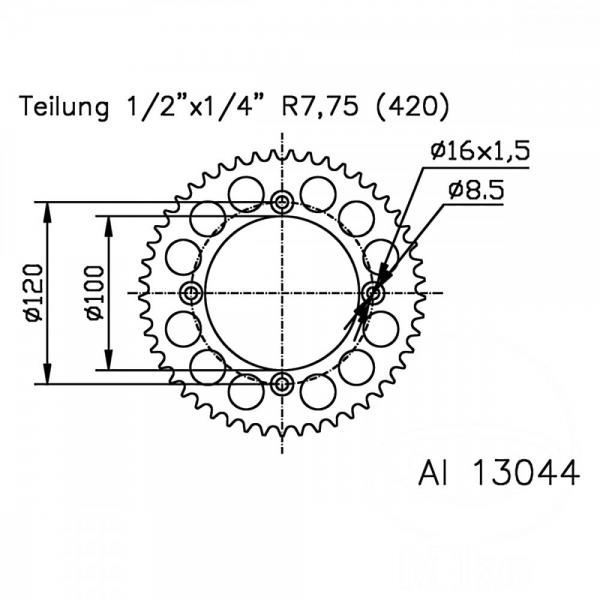 Alu-Kettenrad 51Z Teilung 420 silber Esjot Innendurchmesser 100 Lochkreis 120