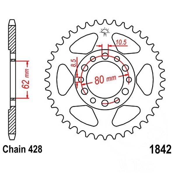 Kettenrad 42Z Teilung 428 Innendurchmesser 062 Lochkreis 080