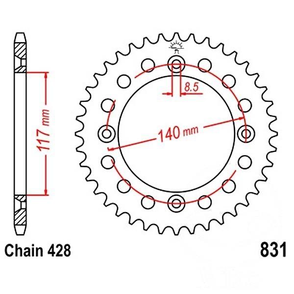 Kettenrad 46Z Teilung 428 Innendurchmesser 117 Lochkreis 140