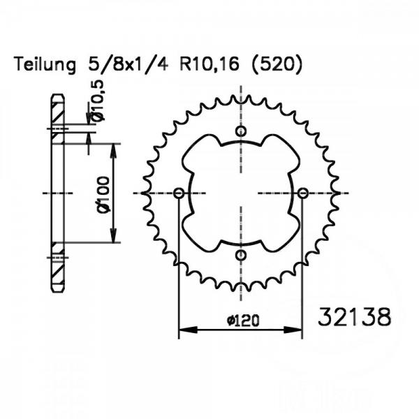 Kettenrad 34Z Teilung 520 Innendurchmesser 100 Lochkreis 120