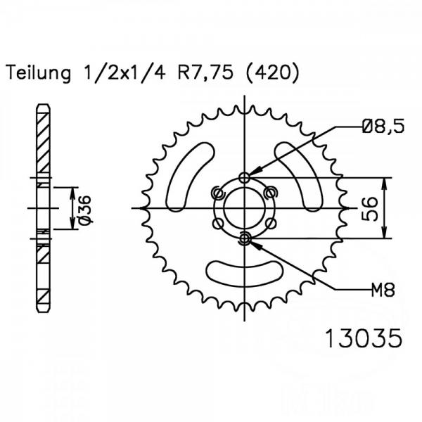 Kettenrad 35Z Teilung 420 schwarz Innendurchmesser 036 Lochkreis 056