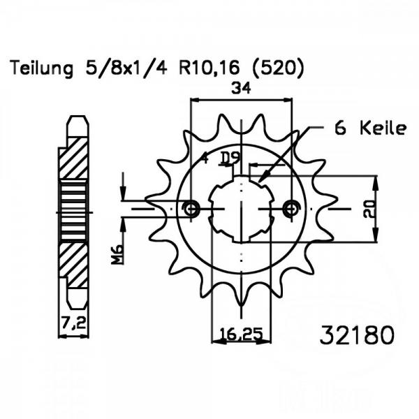 Ritzel 13Z Teilung 520 grobverzahnt 6 Innendurchmesser 16.2/20