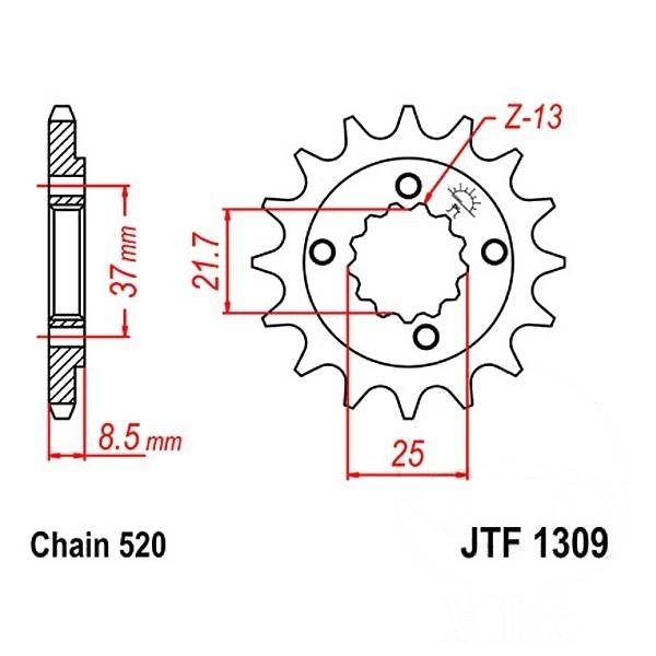 Ritzel 13Z Teilung 520 feinverzahnt Innendurchmesser 21.6/25