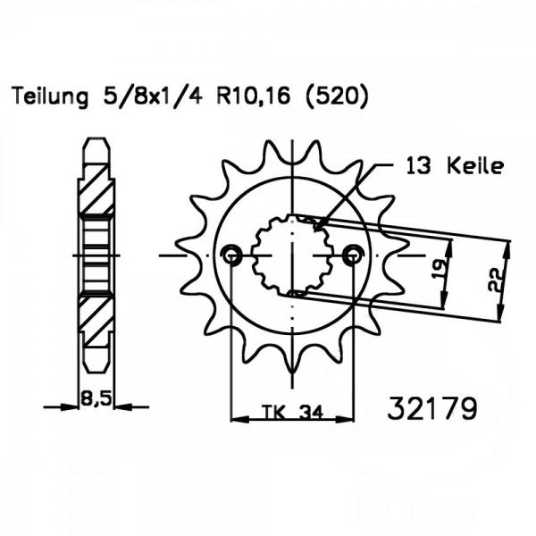 Ritzel 14Z Teilung 520 feinverzahnt Innendurchmesser 19/22