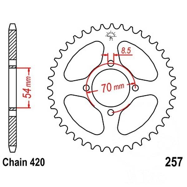 Kettenrad 42Z Teilung 420 Innendurchmesser 054 Lochkreis 070