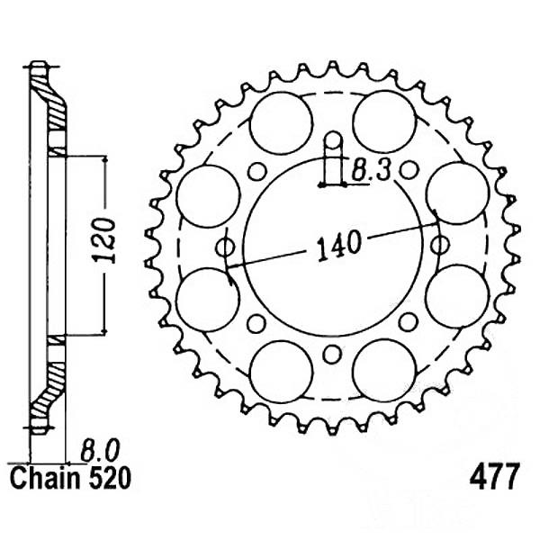 Kettenrad Stahl Teilung 520, Zähne 43